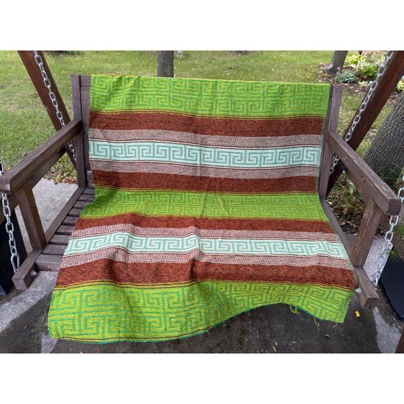 Vtg Fabric Panel Green Brown White Fretwork Pattern Stripes Jute Chenille 82x45" - Picture 2 of 11